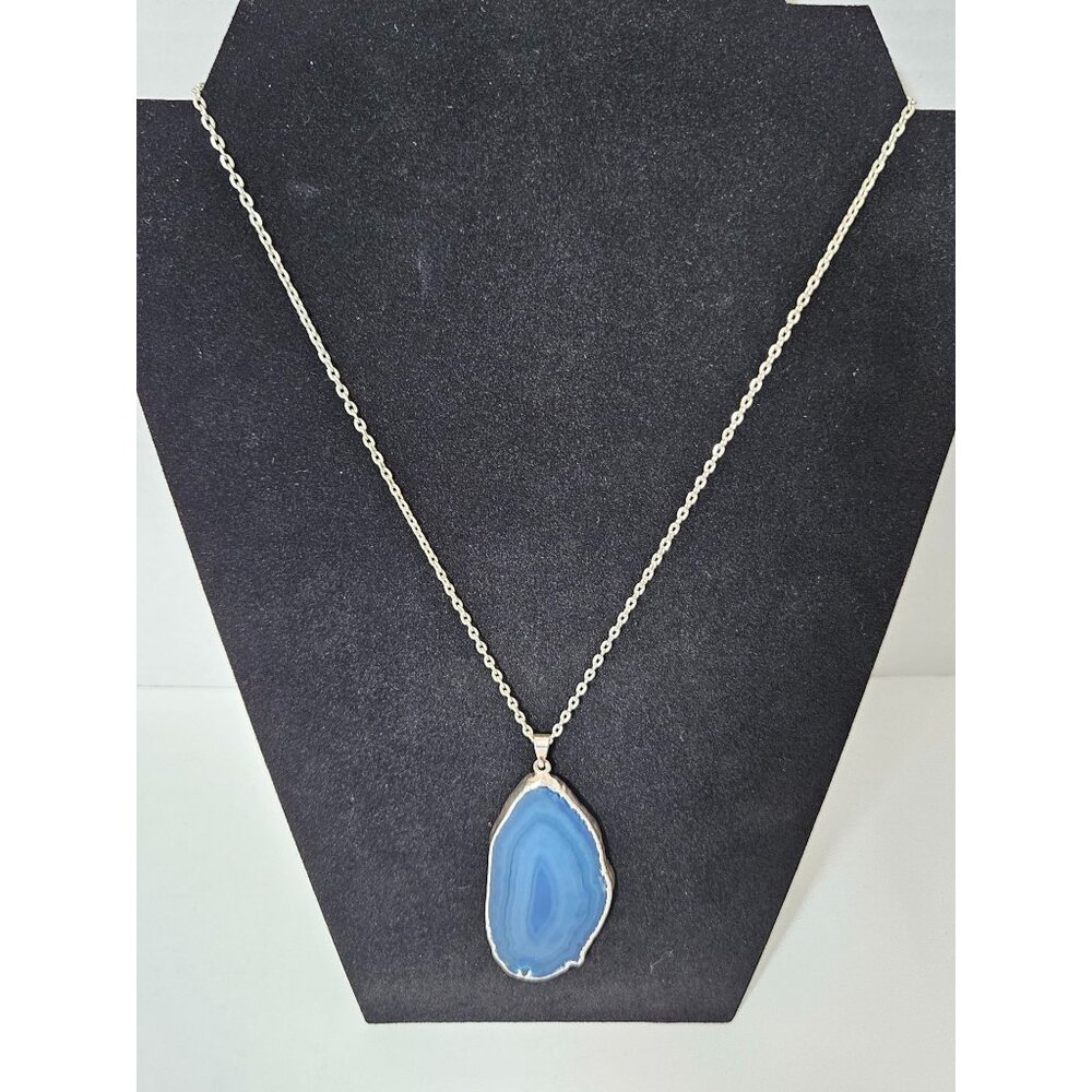 Blue Agate Slice Pendant Necklace Silver Tone Electroplated Edge Statement